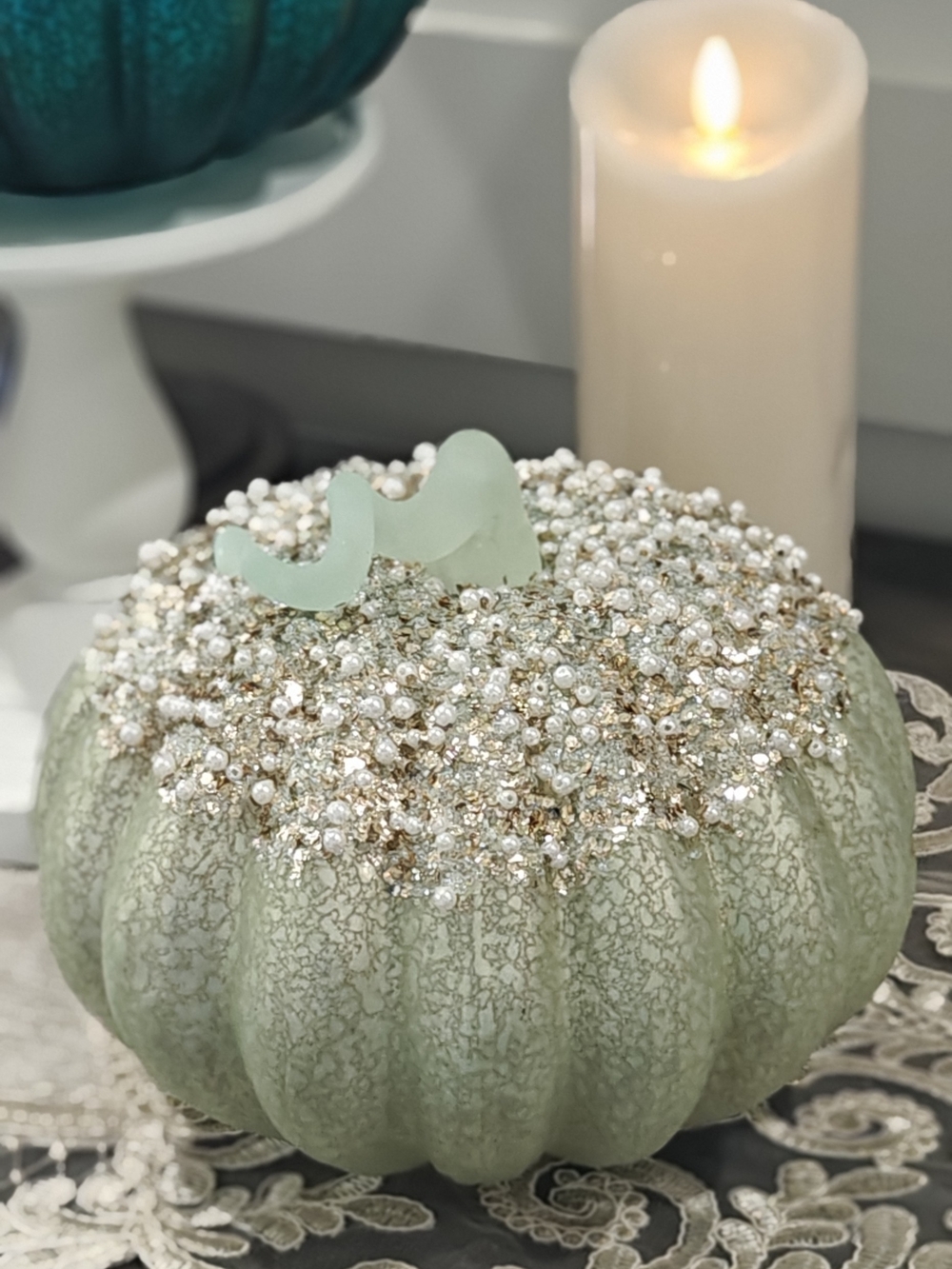 Valerie Parr Hill Lit Pearl Glittered Mercury Glass Pumpkin Sea Glass Sage Green